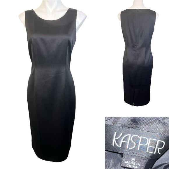 Kasper dress sz‎ 8 black satin sleeveless sheath shift office business church - Picture 1 of 5